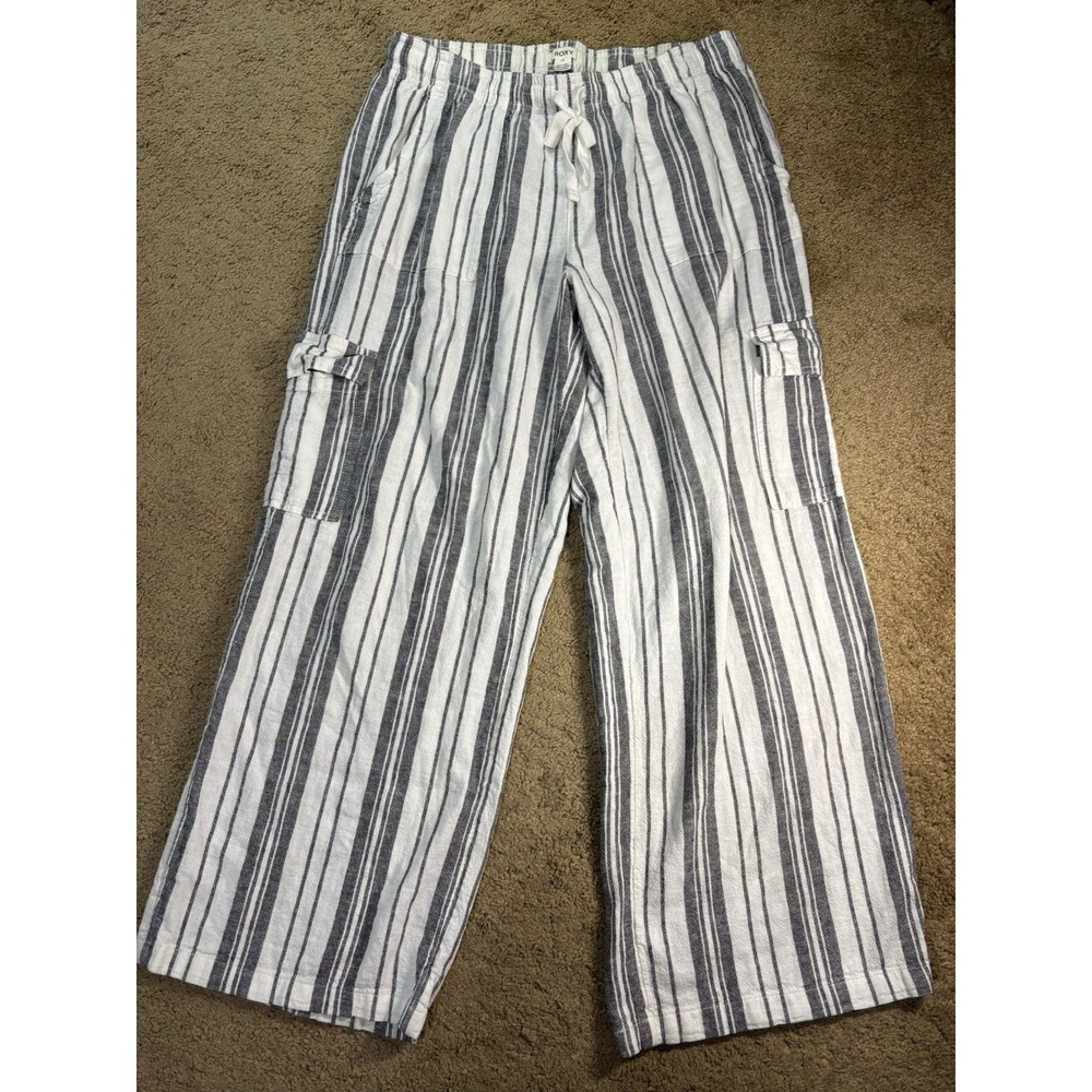 Roxy Wide Leg Cargo Pants Women Large Striped Linen-Blend Beach Travel
